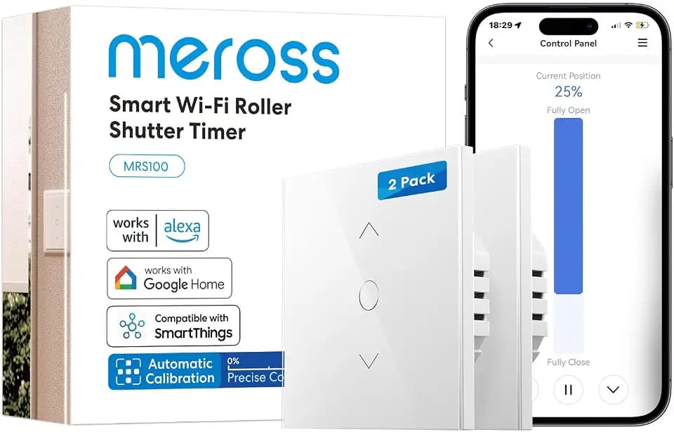 Meross WLAN Rollladenschalter, Smart Jalousienschalter, 1 % Präzisionssteuerung, Neutralleiter erforderlich, Zeitplan- & Offline-Steuerung, kompatibel mit Alexa/Google/SmartThings, 80×80 mm, 2 Stück