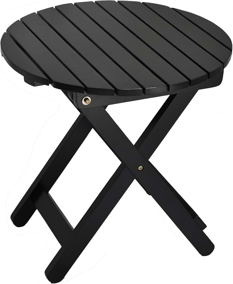 Outdoor Small Table, Round Folding Wooden Patio Side Table Furniture End Table for Adirondack Chair, Balcony, Porch, No Assembly Required, Black