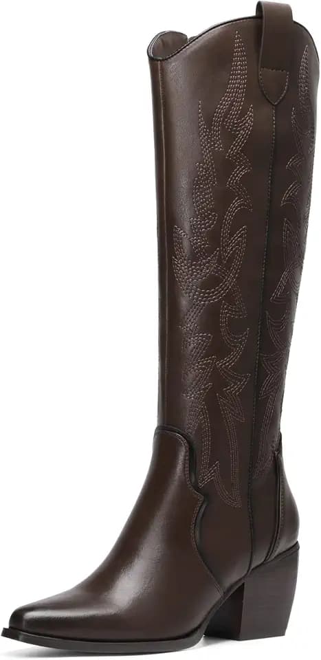 DREAM PAIRS Womens Cowboy Knee High Chunky Heel Boots
