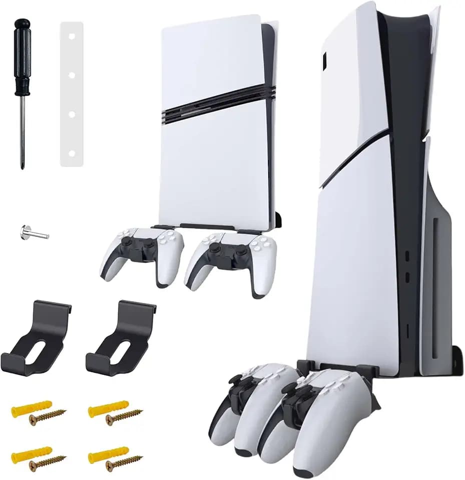 Wandhalterung für PS5 Pro/PS5 Slim, PS5 Slim Wandhalterung mit 2 abnehmbarem Controllerhalter, Wandbefestigtes Zubehör für PlayStation 5 Pro/PS5 Slim Disc & Digitale Edition