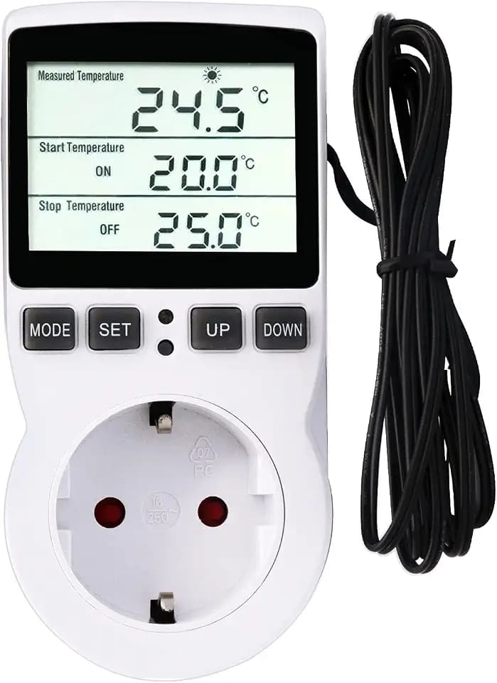 RUIZHI Digitaler Temperaturregler Steckdosen Heizung Kühlen Thermostat 250V mit Fühler Steckdose und Sonde LCD Bildschirm für Gewächshaus,Aquarium,Terrarium,Reptilien （EU