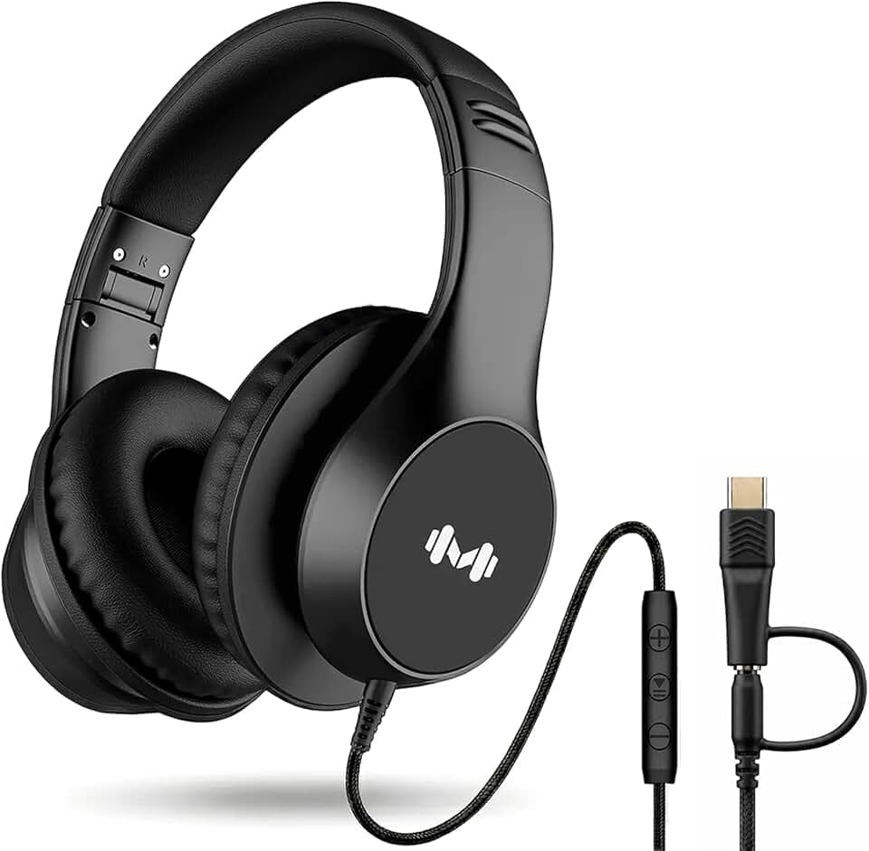 Kabel-Over-Ear-Kopfhörer, Mikro, 3,5 mm, USB-C-Adapter, Schwarz