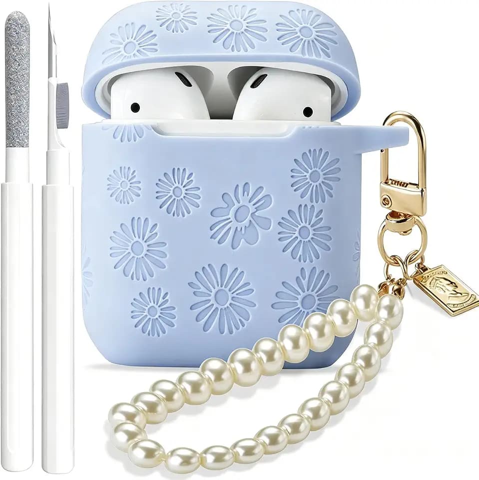 GARTOO Flower Engraved Case for Airpods 2nd Generation, Stylish Silicone Skin Protective Case with Luxury Pearl Keychain for Airpods 1st/2nd Gen Daisy