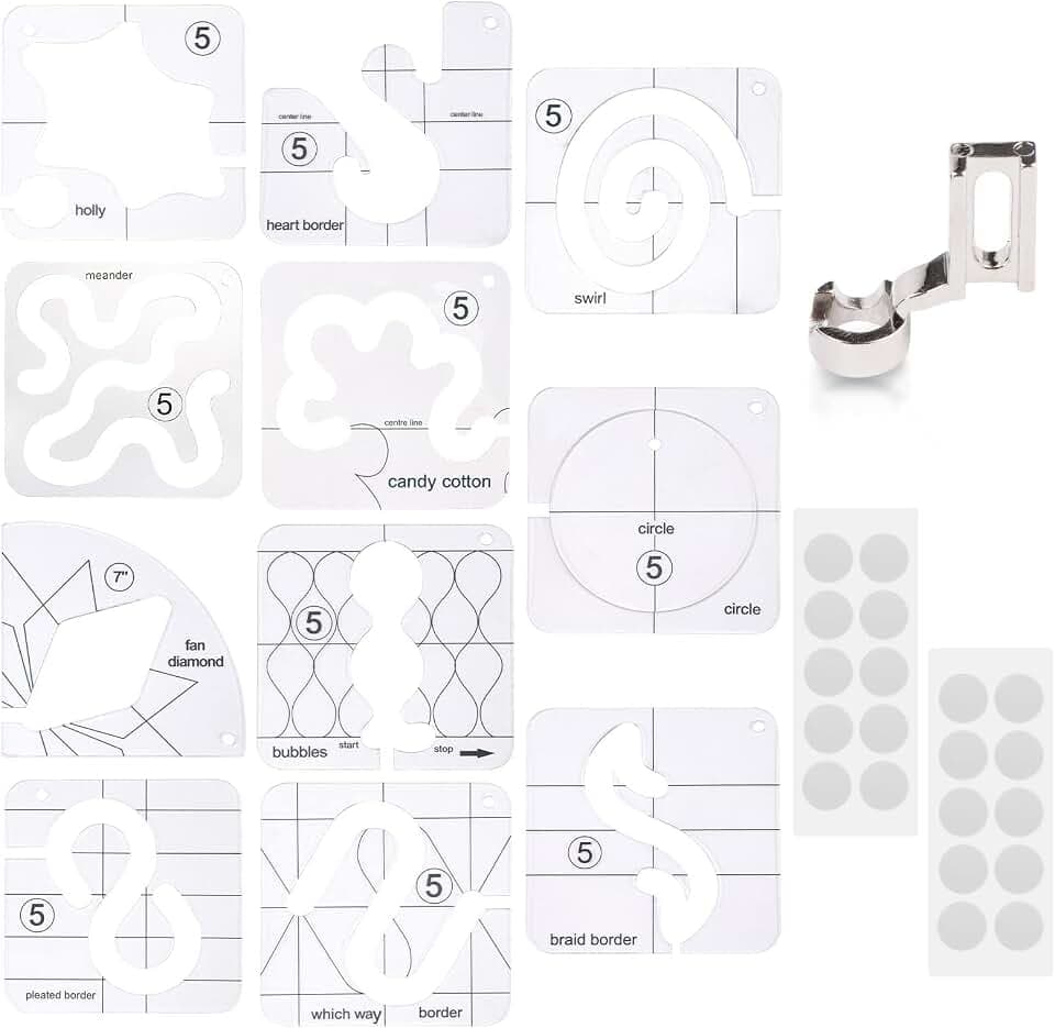 14 PCs Free Motion Quilting Template Set Includes 11 Quilting Templates 3mm/0.12in, High Shank Ruler Foot, Non-Slip Grips, Free Motion Quilting Rulers and Templates for DIY Quilting on Sewing Machine