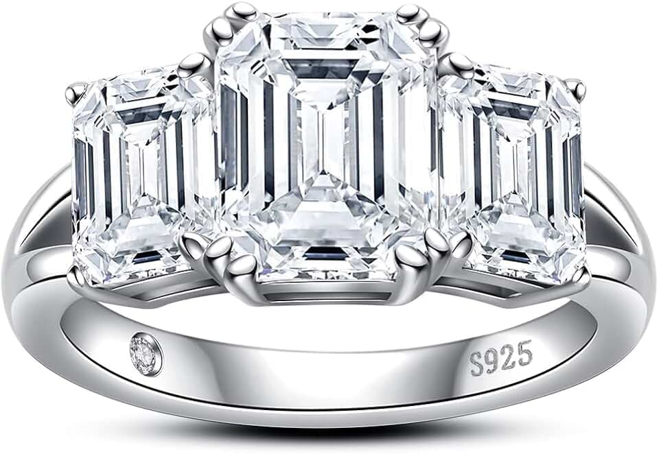 AnuClub Round/Emerald/Marquise Cut Moissanite 3 Stones Engagement Rings D Color VVS1 Round Cut 925 Sterling Silver Anniversary Wedding Promise Rings for Women