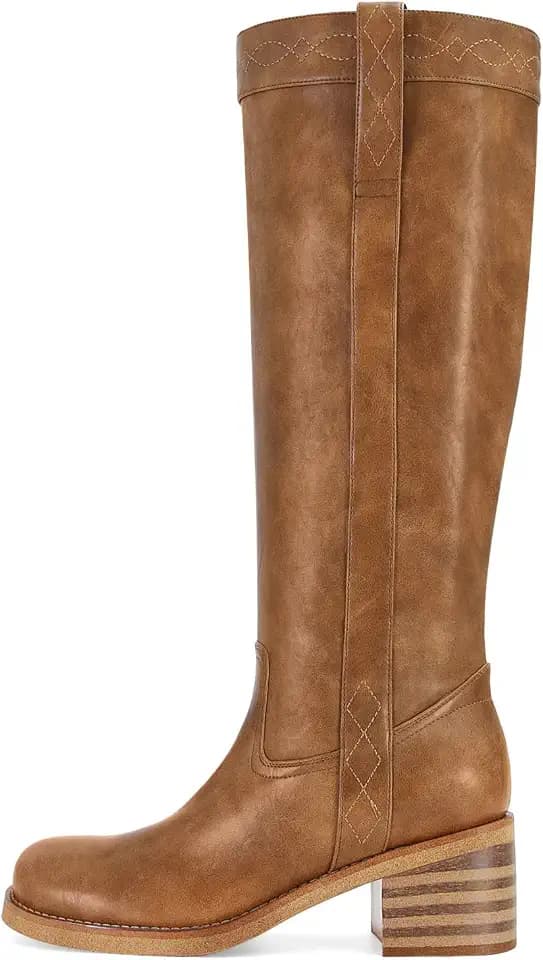 MICIFA Knee High Boots for Women Fashion Side-Lace Leather Campus Riding Tall Boots Round Toe Chunky Heel Wide Calf Motorcycle Biker Boot