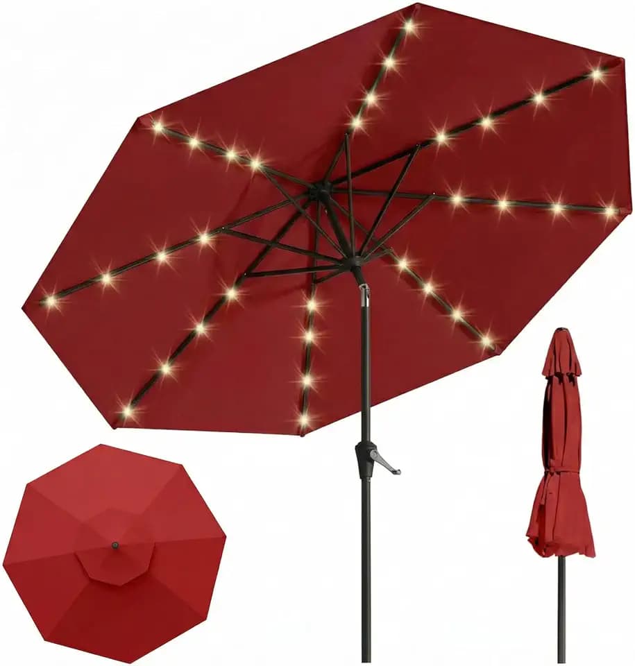 10FT Solar Lighted Patio Umbrella, Outdoor Table Market Umbrellas with Push Button Tilt and Crank, 32 LED Lights, 8 Sturdy Ribs, UV-Resistant for Deck, Garden, Pool
