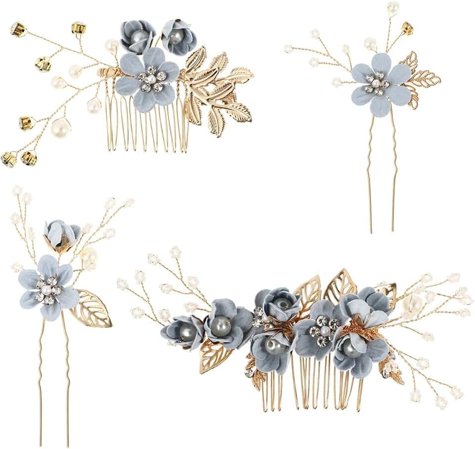 Toyvian 4 x Strass-Haarkämme mit Blumenmotiv, Braut-Kopfschmuck, Kristall-Stirnband, dekoratives Brautstirnband, Hochzeit, Party, Abendhaar (blau).