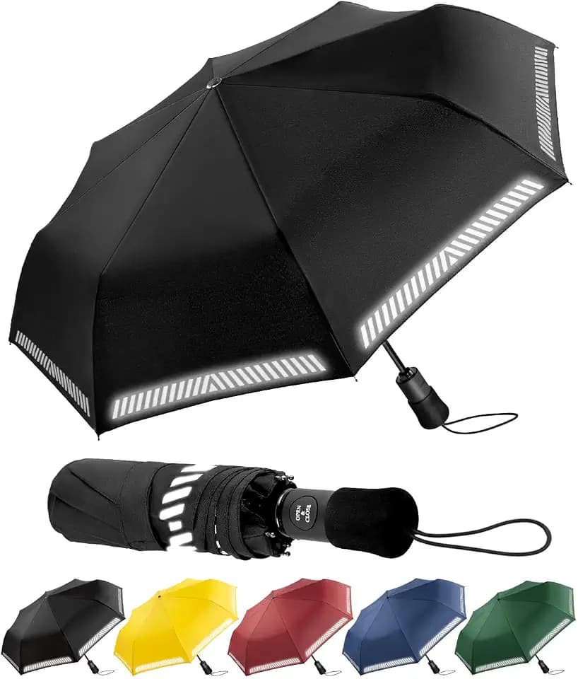 Regenschirm Sturmfest Taschenschirm mit Reflexstreifen Umbrella Kompakter Reise Winddichter Automatik Auf und Zu Vordach 8 Rippen für Herren Damen Kinder