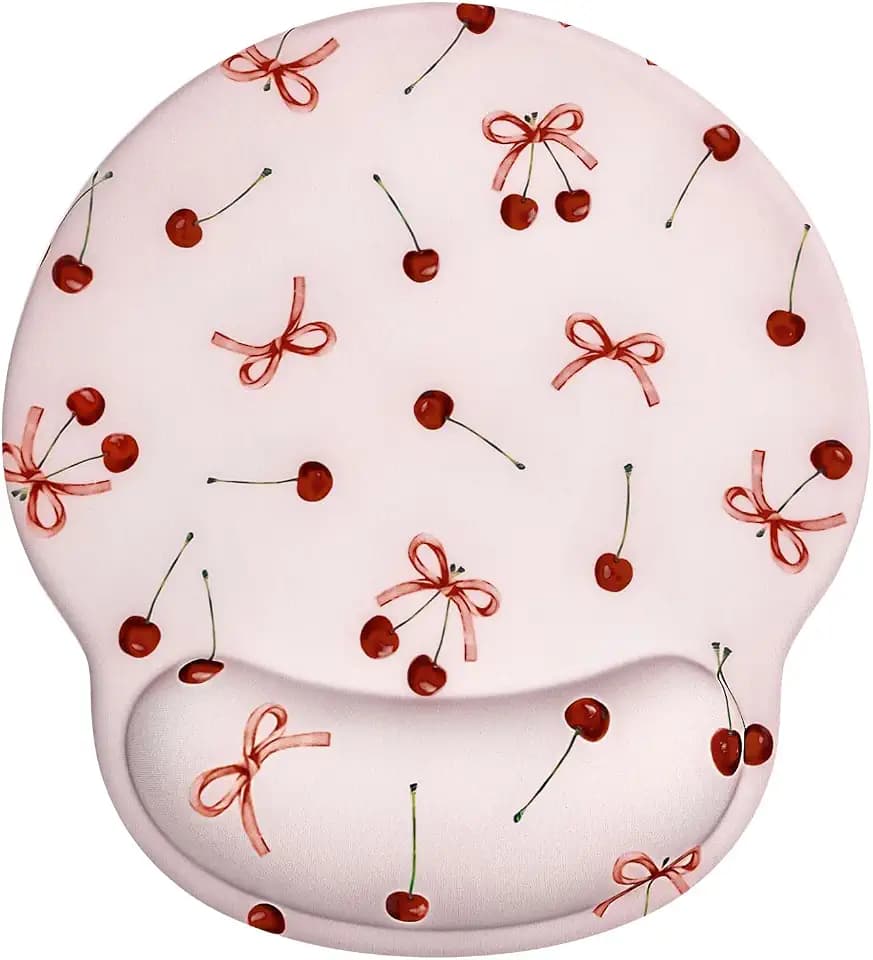Seorsok Retro Ribbon Bow Cherry Mouse Pad with Gel Wrist Support Mouse Pad,Ergonomic Aesthetic,Comfort Mousepad for Office Work Computer,Pain Relief Mousepad with Non-Slip Silicone Base,Pink