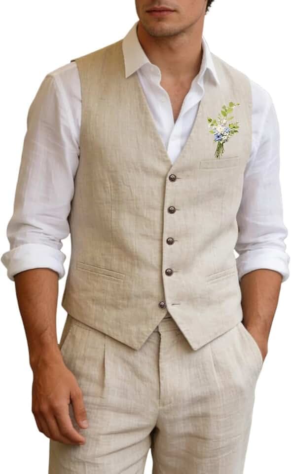 Men's Linen Suit for Men 2 Piece Slim Fit Linen Vest and Pants Set