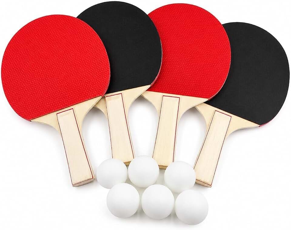 Tischtennisschläger Set mit 4 Schlägern & 6 Bällen – Freizeit Tischtennis Set für Familie, Garten, Schule, Camping & Urlaub – Holzschläger mit Standard-Tischtennisbällen