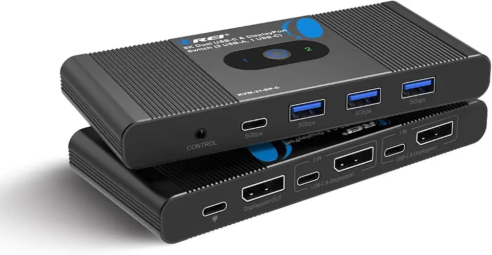 OREI 8K KVM Switch – DisplayPort Switch 2 in 1 Out, USB-C for 2 Computers