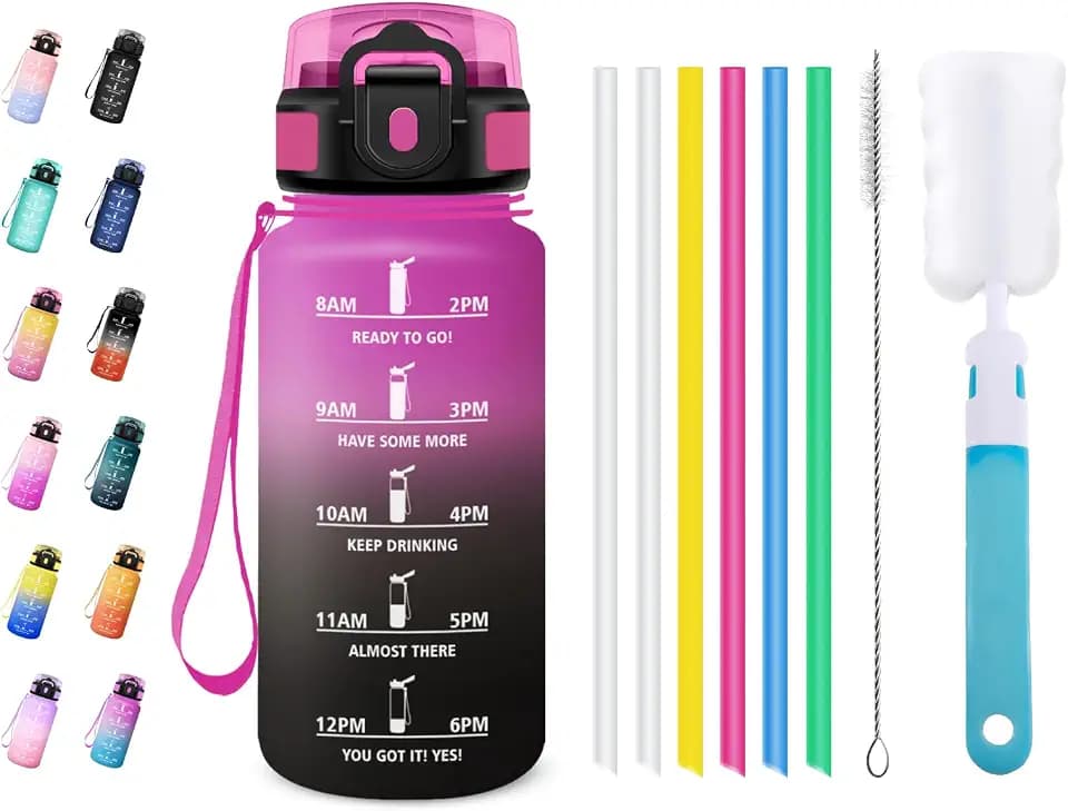 Wasserflasche 500ml, Trinkflasche mit Strohhalm, Auslaufsicher & Zeitmarkierung, Motivierende Sportflasche für Wandern, Fahrrad