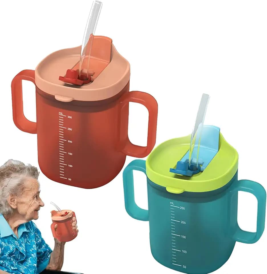 Peaoop Adult Sippy Cups for Elderly 2 Handles Straw Cups 300ml No Spill Cup for Adults Dysphagia Cup for Disabled Patients (Orange+Blue)