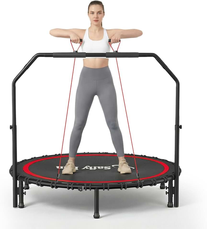 40''/45''/50'' Rebounder Trampoline for Adults, 450-550 lbs Foldable Mini Trampoline with Handle – Indoor Outdoor Fitness Trampoline with Resistance Bands for Cardio, Balance & Family Exercise