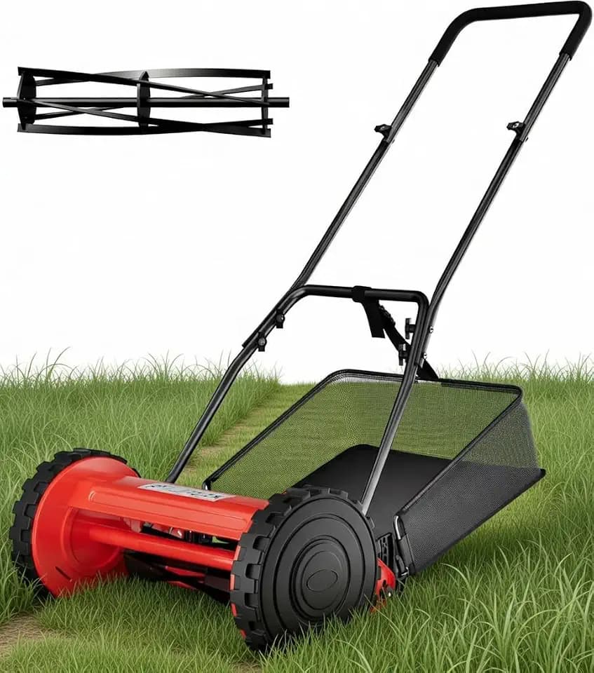 14-Inch Cordless Push Reel Lawn Mower, 5-Blade Walk-Behind Manual Grass Cutter with Steel Frame, Adjustable Cutting Height, Soft Grip Handle & 6.7-Gallon Grass Catcher