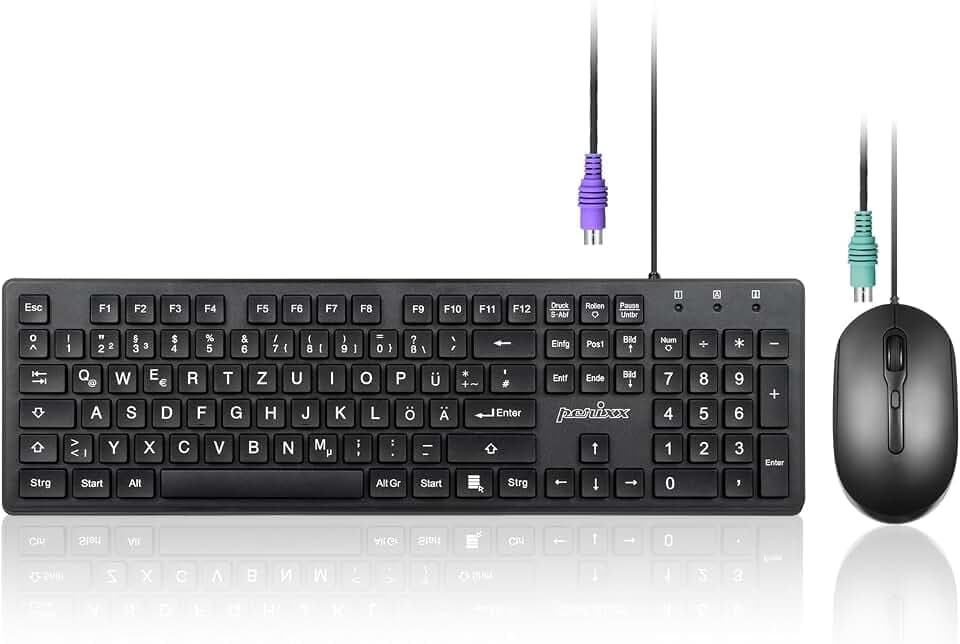 Perixx PERIDUO-117P, Kabelgebundenes Standard PS2 Tastatur-Maus-Set - Deutsches QWERTZ-Layout - Set mit 3-Tasten-optischer PS2-Maus - 1,8m Kabel - Schwarz