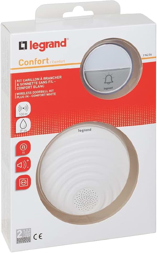 LEGRAND, Funkklingel-Set Komfort 230V mit wasserdichtem Klingeltaster (IP44) batteriebetrieben, 1x Gong mit Plug-in für Steckdosen, 15 Melodien, 1x Klingeltaster 100m Reichweite , 094254