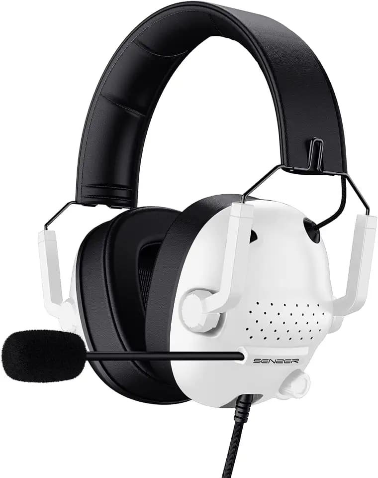 SENZER SG500 Surround Sound Pro Gaming Headset with Noise Cancelling Microphone - Soft Memory Foam Padding - Portable Foldable Headphones for PC, PS4, PS5, Xbox One, Switch - White