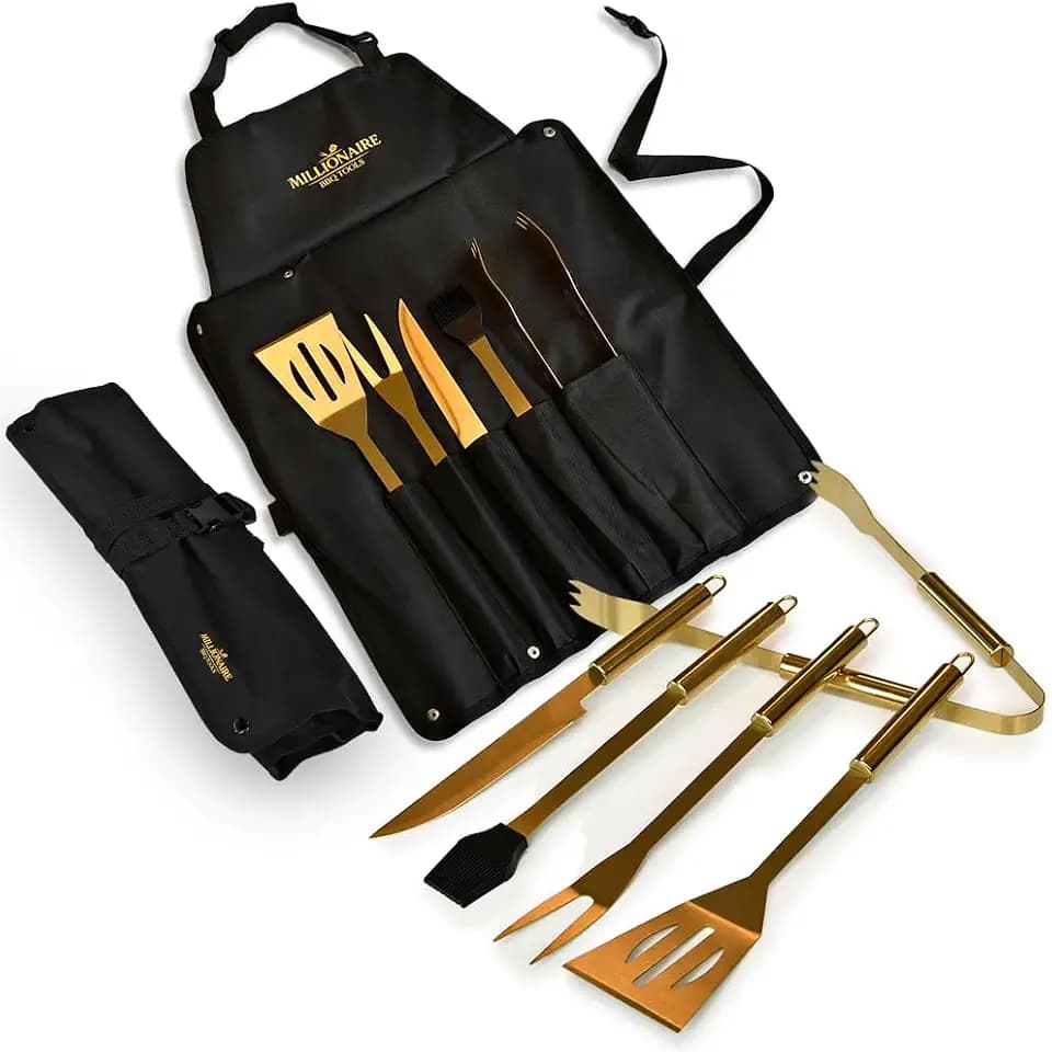 MikaMax Millionaire BBQ Tools - 5 teiliges BBQ Grill Werkzeug Set mit Faltbarer Schürze - Grillgabel - Spatel - Grillbürste - Messer - Zange - Ideal für Camping - Küche und Partys
