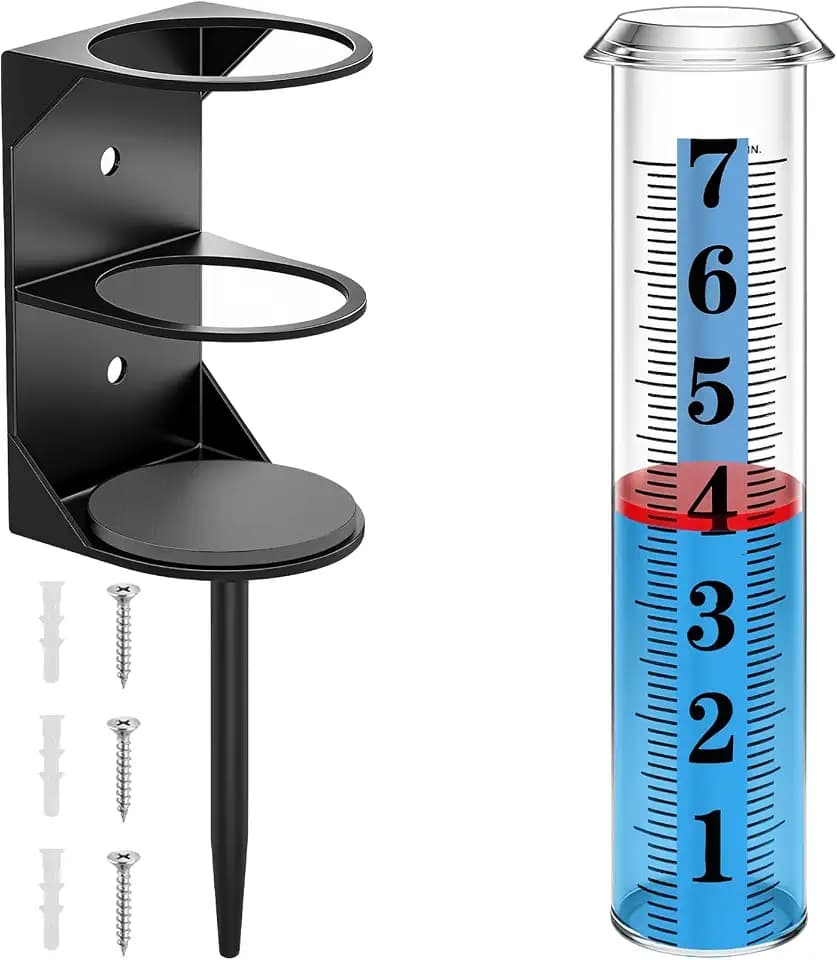 Rain Gauge Outdoor, Accurate Rain Gauges Outdoors Best Rated with Metal Rack Holder, Water Rain Meter with Thickened Plastic Large Font Tube for Yard, Easy to Read with Red Float