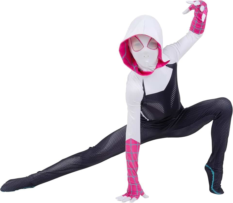 Marvel Spider-Gwen Official Youth Zentai Costume - Hooded Spandex Jumpsuit with Printed Design and Pull On Spandex Mask