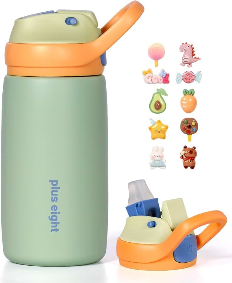 Isolierte Kinder-Wasserflasche mit Strohhalm-Deckel, 350 ml, BPA-frei, doppelwandiger Vakuumbecher, 18/8 Edelstahl, auslaufsicher, hält Getränke 12 Stunden heiß und 18 Stunden kalt, Grün