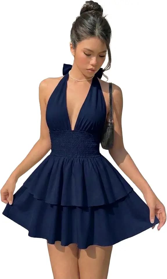 SISKIN Halter Mini Dress for Women Short Formal A Line Flowy Deep V Neck Classy Mini Picnic Dress