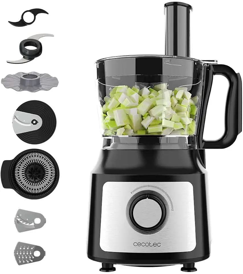 Cecotec Food Processor Comino 1000. 1000 W, 2 Geschwindigkeiten und Pulse, 2-L-Schüssel und 1,8-L-Krug, 3 Schneidscheiben, Hackmesser, Knetmesser, Entsafter und Cremedisk