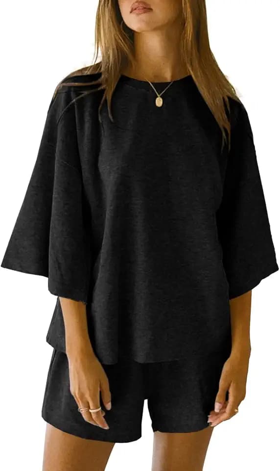 Imily Bela Schlafanzug Damen Kurz Rundhals Pyjama Set Sommer 3/4 Ärmel Nachtwäsche Locker Lässig