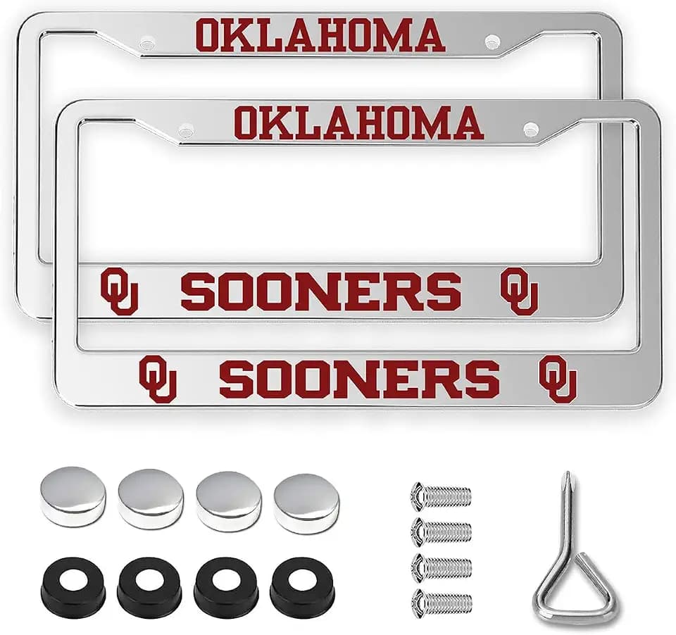 2 Packs for Oklahoma Sooners License Plate Frames,2 Holes Silver License Plate Holder for OU,Universal Aluminum Tag Frame for License Plate for Front and Rear Car Tags