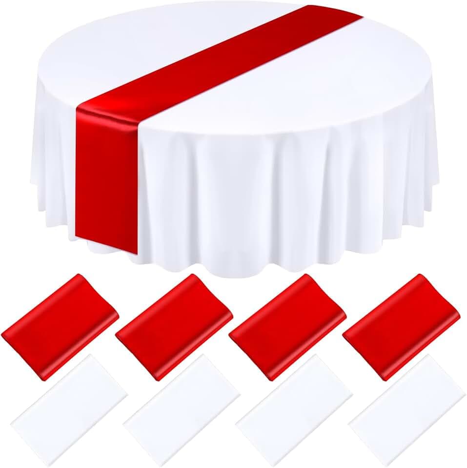 Tudomro 8 Pcs White and Red Round Tablecloth and Satin Runner Set