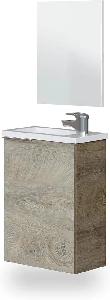 duehome Badezimmerschrank mit Spiegel und Waschbecken, Modell Snese, Finish in Alaska-Eiche, Maße: 40 cm (Breite) x 58 cm (Höhe) x 22 cm (Tiefe)