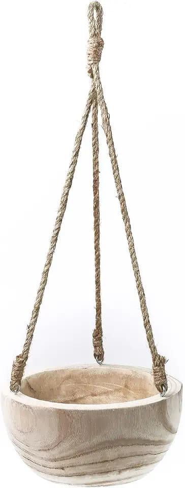 CYS EXCEL Meduim Wooden Hanging Planter Paulownia Wood Bowl Basket with Jute Rope for Indoor Plants Succulents