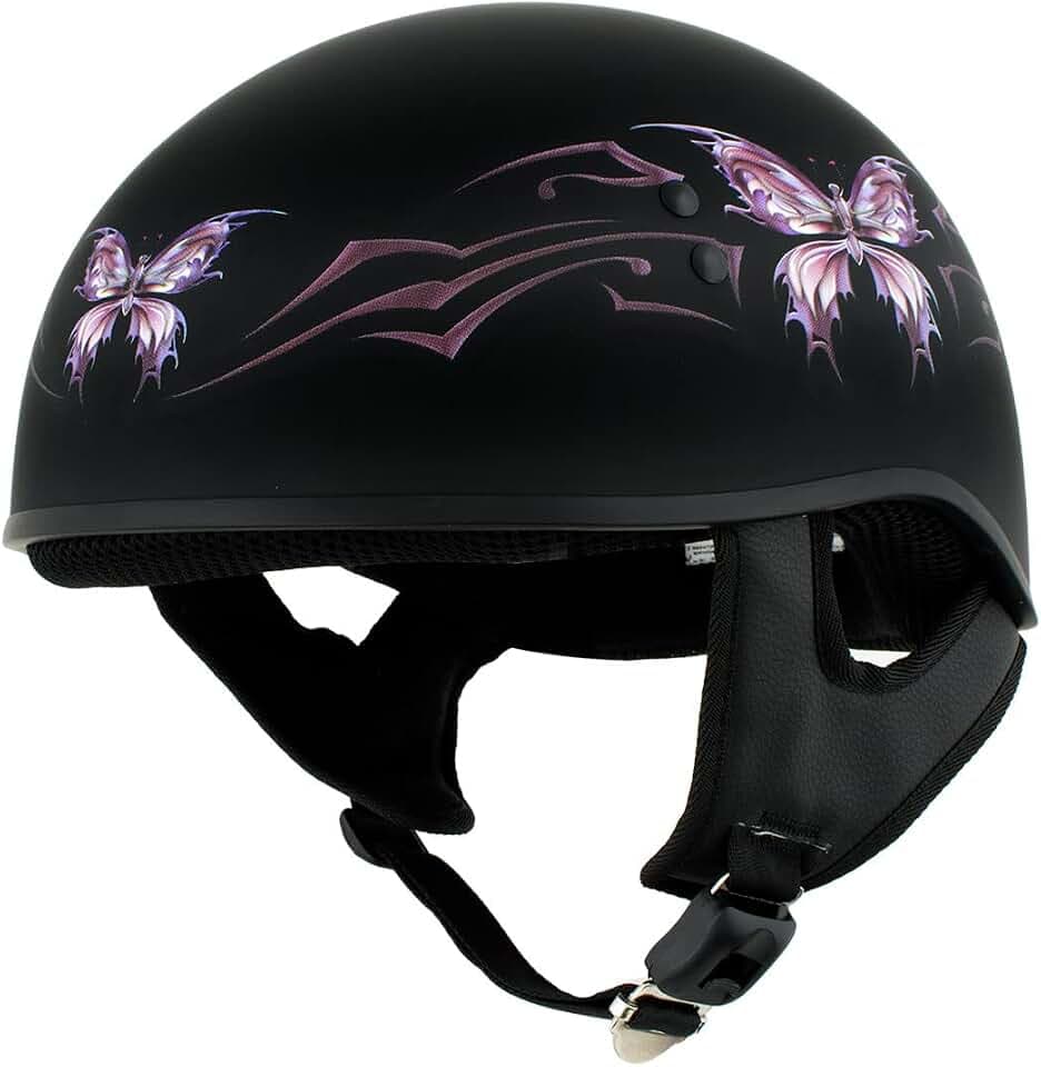 Hot Leathers HLD1052 DOT Skull Cap Half Helmet - Flat Black with Purple Butterfly Design Bikers