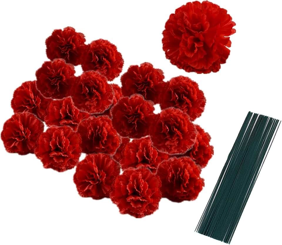 Künstliche Nelkenköpfe aus Seide,mit Stielen,handgefertigt, für Hochzeit,Heimdekoration,Partys,Kränze für Handgelenk, Corsage,Blumenarrangement,7,6 cm Blütenkopf mit 20,3 cm Stielen (rot),50 Stück
