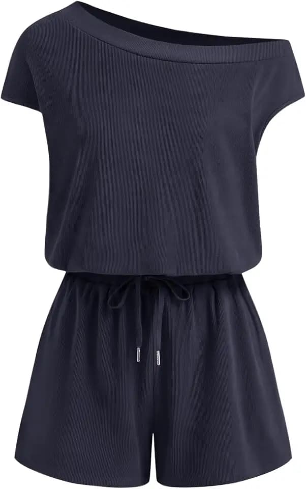 CIDER Rompers for Women One Shoulder Drawstring Short Sleeve Asymmetrical Romper Casual Knit Jumpsuit Lounge Sets