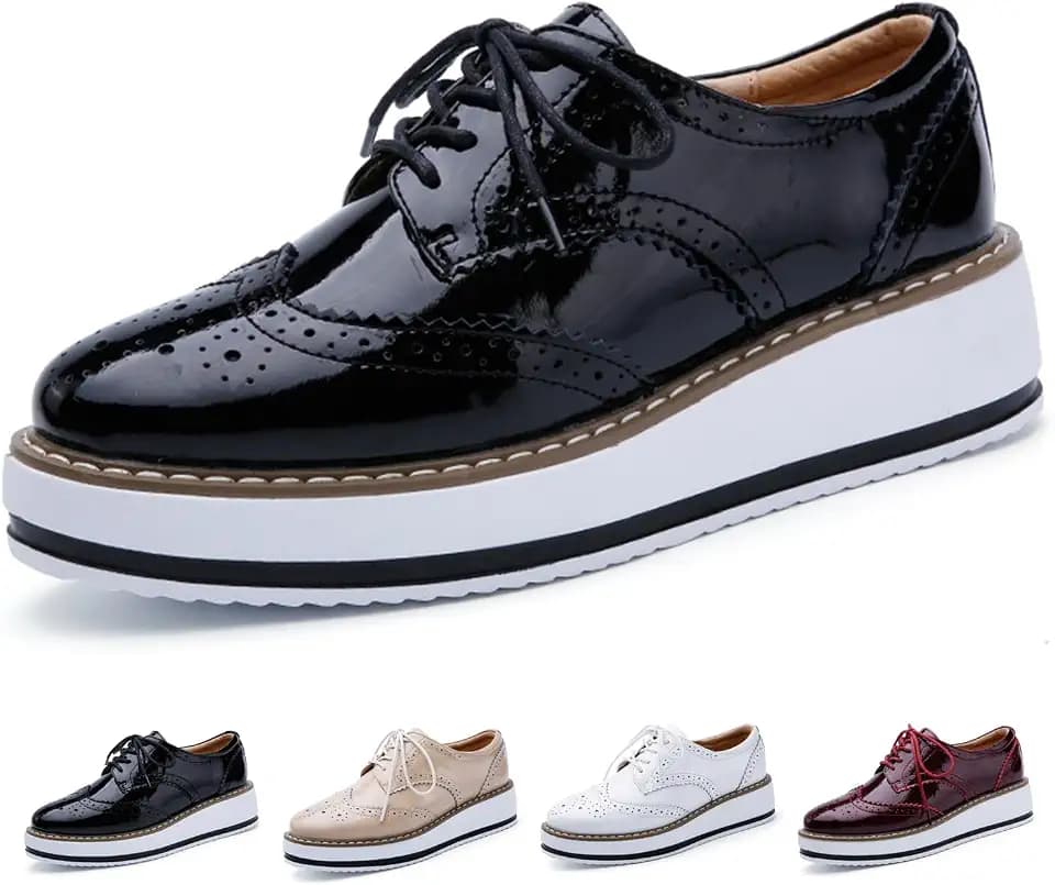 Women's Patent Leather Platform Wingtips Brogue Oxfords Fashion Lace-Up Round Toe Printed Wedge Dress Shoes Comfort Business Casual Formal Shoes