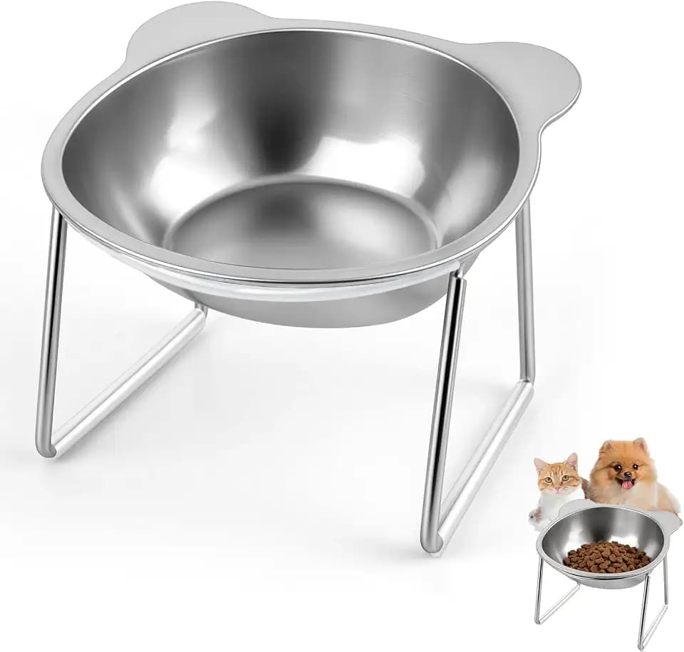 Elevated Cat Bowl, 15°‑Tilt 304 Stainless Steel Bowl with Silicone Strip