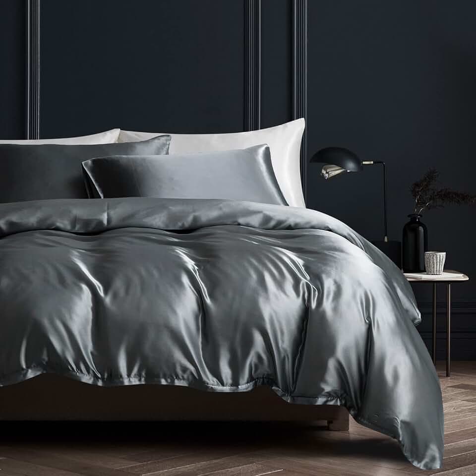 Boqingzhu Satin Bettwäsche 220×240cm Grau Dunkelgrau Anthrazit Uni Einfarbig Glatt Glänzend Luxus Seide Bettwäsche Set Bettbezug mit Reißverschluss und 2 Kissenbezüge 80x80cm