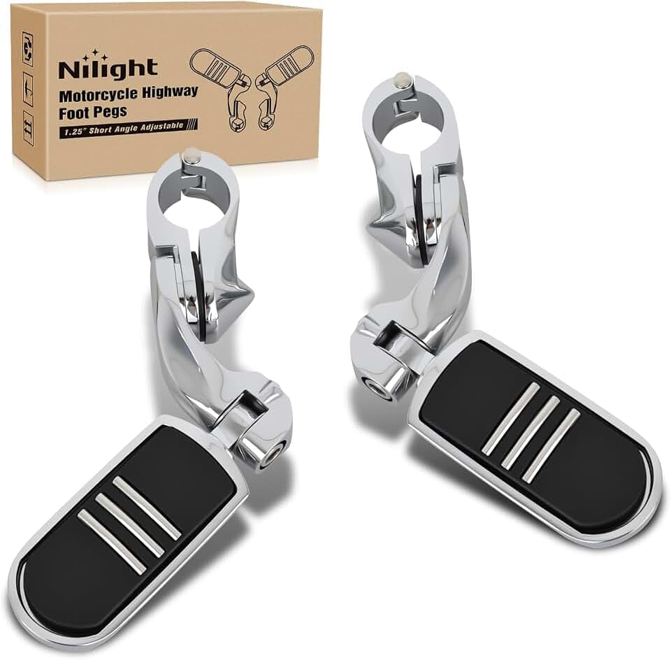 Nilight 1.25" Motorcycle Highway Pegs For Harley Davidson Touring Road King Street Glide Sportster Adjustable 360° Angled Foot Pegs P-Clamp Universal For 1-1/4" Engine Guard Crash Bar Highway Footpegs