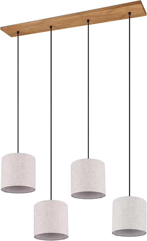 Trio Leuchten Pendelleuchte Elmau 302100430, Holz Pinie, Stoffschirm beige, Stoffkabel schwarz, exkl. 4x E27, Nickel Antik