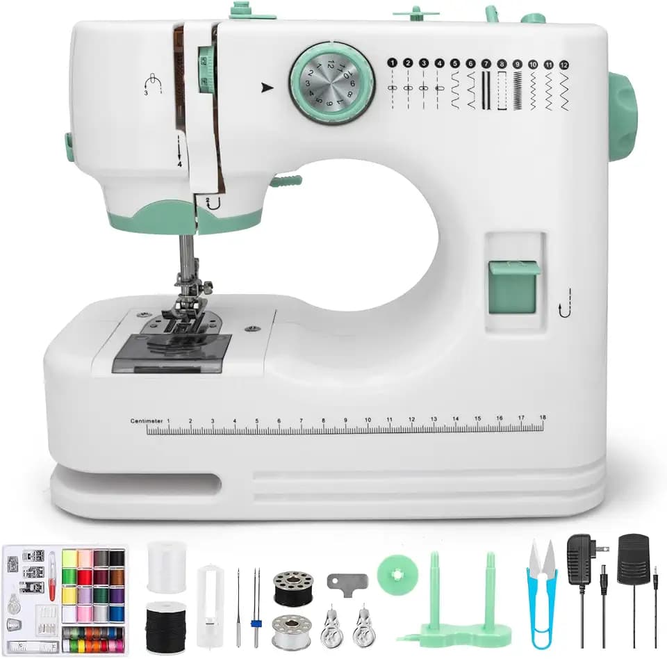 Nähmaschine – Kompakt, Multifunktions-Nähmaschine für Anfänger & Profis, 12 Stichmuster, 2 Geschwindigkeiten, Doppelstich, Fußpedal & Knopfbetrieb, Handnähmaschine ideal für DIY, Kleidung