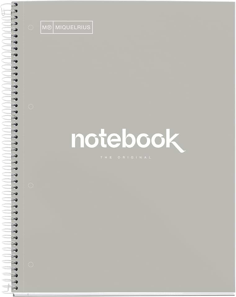 Miquelrius - Notizbuch A4 Punkte Notebook, 1 farbiger Streifen, 80 Blatt liniert mit Punkten (Dots), Papier 90 g/m² mikroperforiert mit 4 Bohrungen für 4 Ringe, Einband aus Karton, Farbe Grau