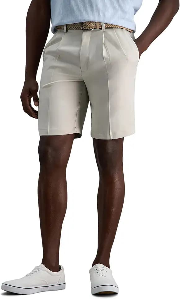 Haggar Men's Cool 18 Pro Straight Fit Pleated Front 4-Way Stretch Expandable Waist Golf Performance Short