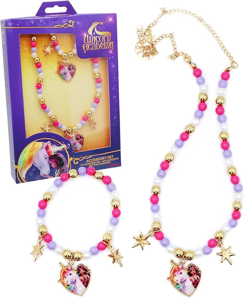 Joy Toy - Unicorn Academy Schmuckset: Halskette und Armband aus Plastik mit Sternen und Charms für Kinder