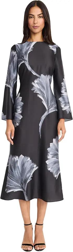 Donna Morgan Women's Women's Floral Print Midi Dress - Long Bell Sleeve Open Back - Elegant Cocktail Dress