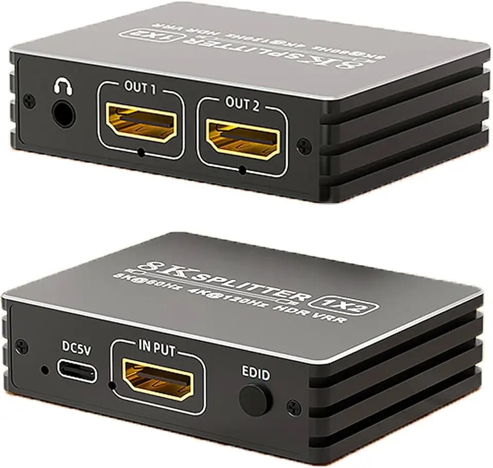 8K HDMI 2.1 Splitter 1 in 2 Out, 1x2 HDMI Splitter Support 8K@60hz, 4K@120hz, EDID, 48Gbps, 3D, HDR 10+, HDCP2.3, Dolby Vision, 3.5mm Audio Output, Mirror Dual Monitors for PS5 SkyQ Xbox NVIDIA AMD NS