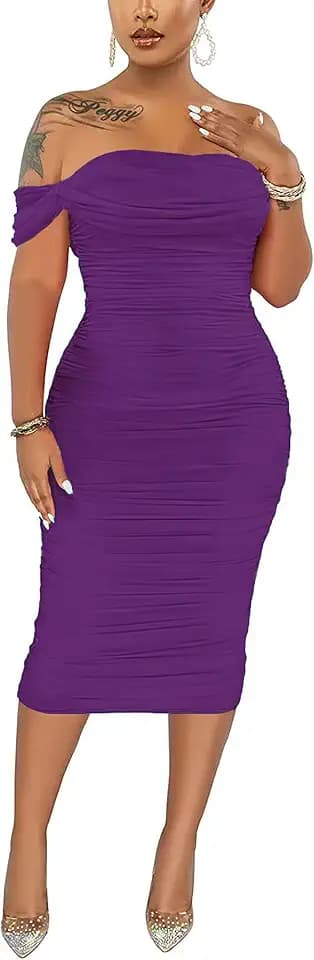 Fooullaide Women's Sexy Off Shoulder Sleeveless Bodycon Ruched Midi Dress